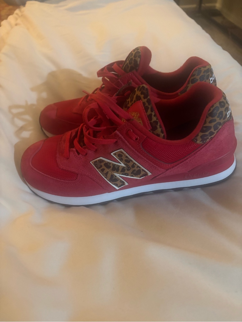 New Balance 574 Women’s Red Leopard Accent Sneakers - Picture 2 of 6